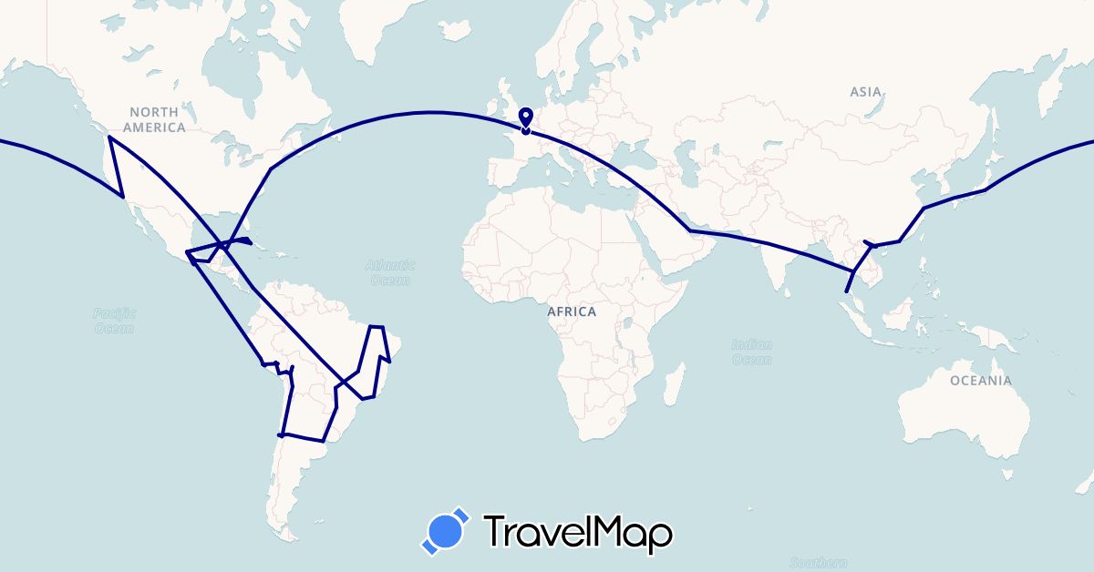 TravelMap itinerary: driving in Argentina, Bolivia, Brazil, Chile, China, Cuba, France, Hong Kong, Japan, Mexico, Panama, Peru, Qatar, Thailand, United States, Vietnam (Asia, Europe, North America, South America)